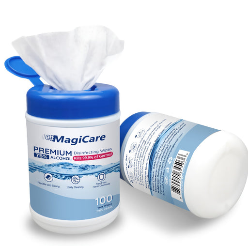 MagiCare Hand Sanitizer Wipes (2 Canisters) - Disposable 75% Alcohol Wipes - Premium Unscented Sanitizing Wipes for Home, Travel, Classroom, Camping, etc. - Two, 100ct Hand Wipes Canisters (2