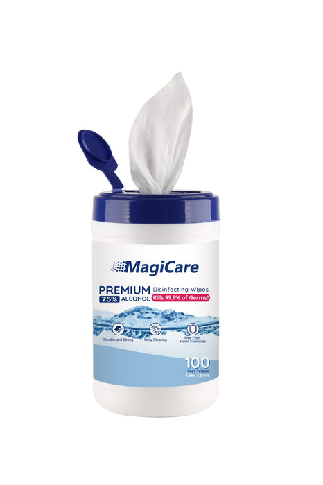 MagiCare Hand Sanitizer Wipes (2 Canisters) - Disposable 75% Alcohol Wipes - Premium Unscented Sanitizing Wipes for Home, Travel, Classroom, Camping, etc. - Two, 100ct Hand Wipes Canisters (2