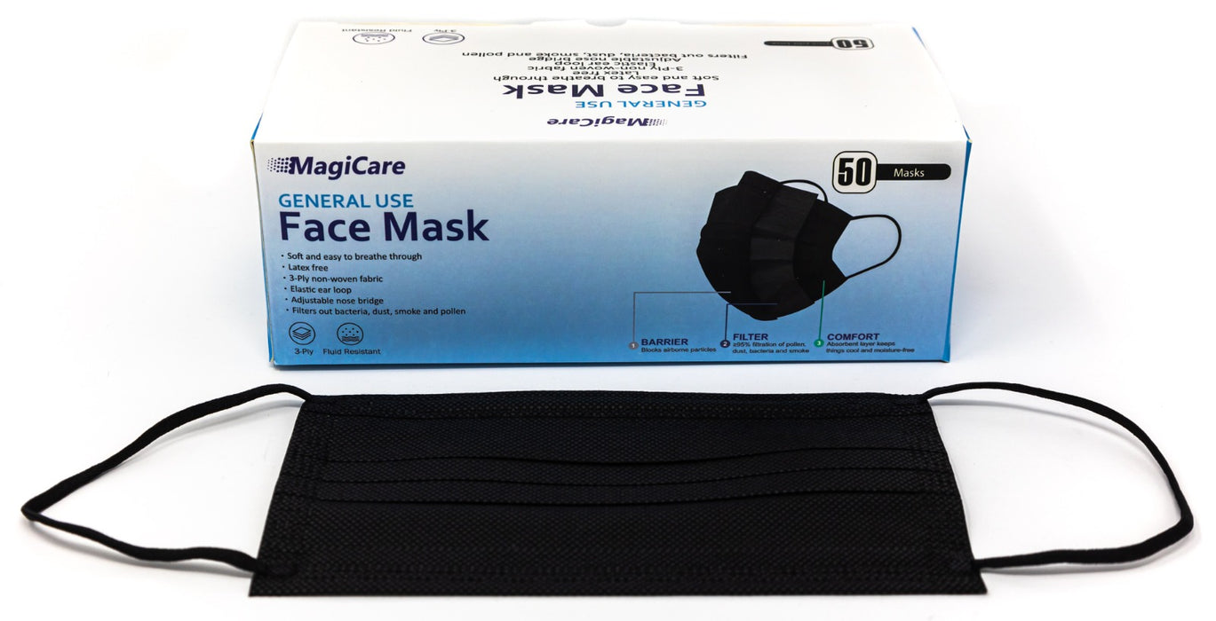 MagiCare Black Disposable Face Masks - Comfortable, Breathable, Soft - Premium 3 Ply Face Mask - Black Face Masks (1 Box, 50ct) - Sammy's Supply