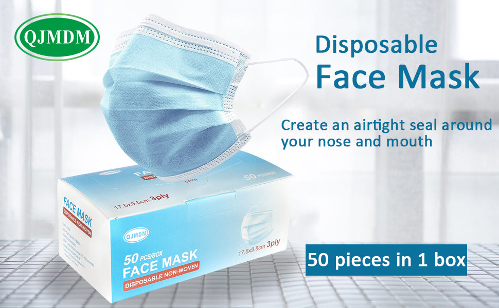 QJMDM Disposal Face Mask, Protective 3-Ply Comfortable Nose/Mouth Coverings for Home & Office, 3 Ply Earloop Protective Face Mask for Adults/Kids - Pack of 50